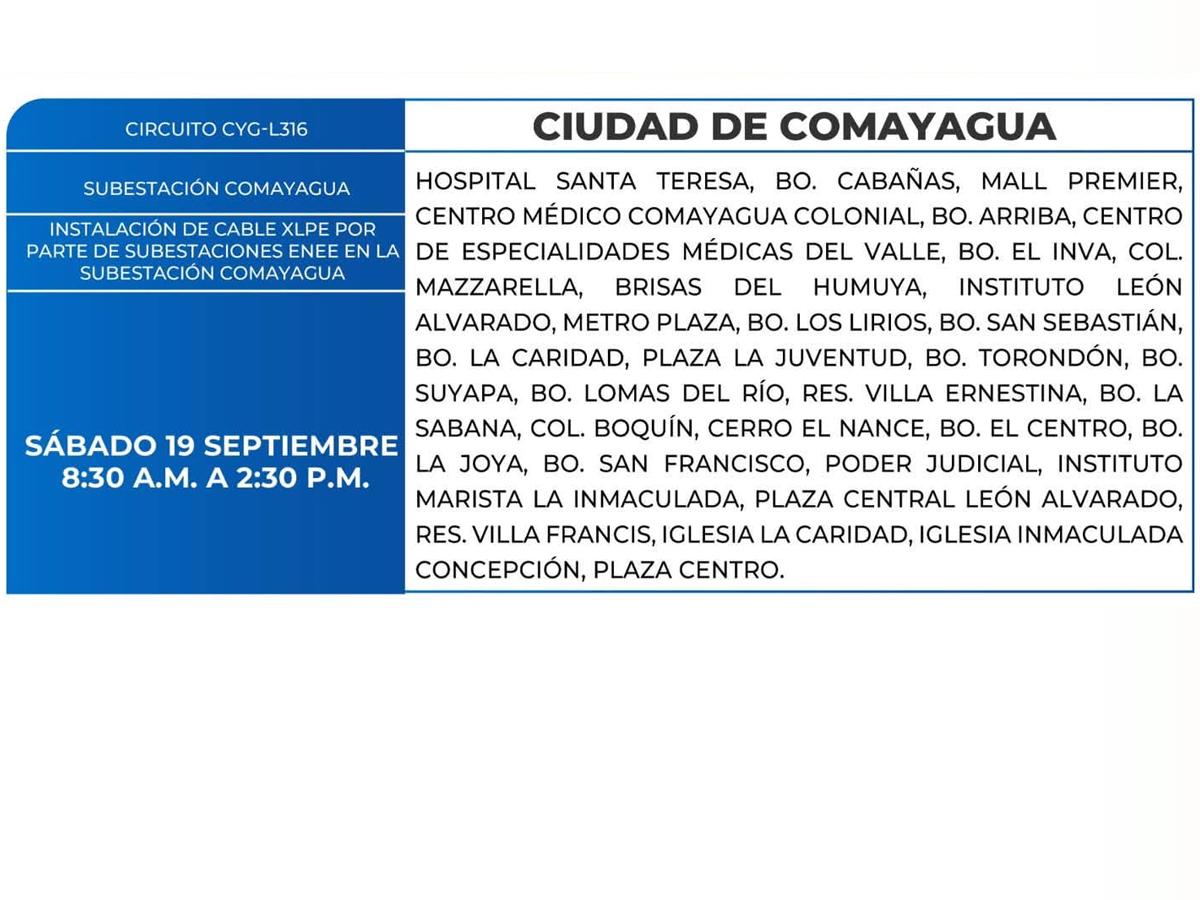 Cortes de energía este sábado 19 de septiembre en San Pedro Sula, Comayagua y Colón
