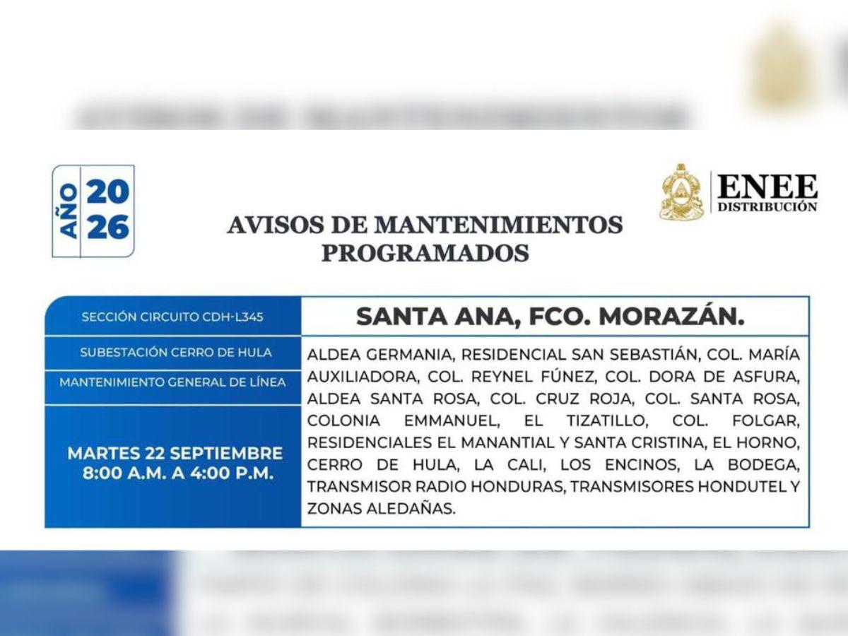 Estos lugares de Honduras no tendrán energía este martes 22 de septiembre