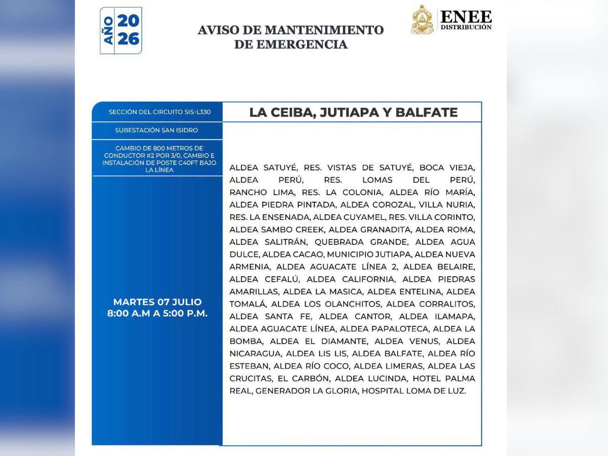 Estos lugares de Honduras no tendrán electricidad este martes 7 de julio