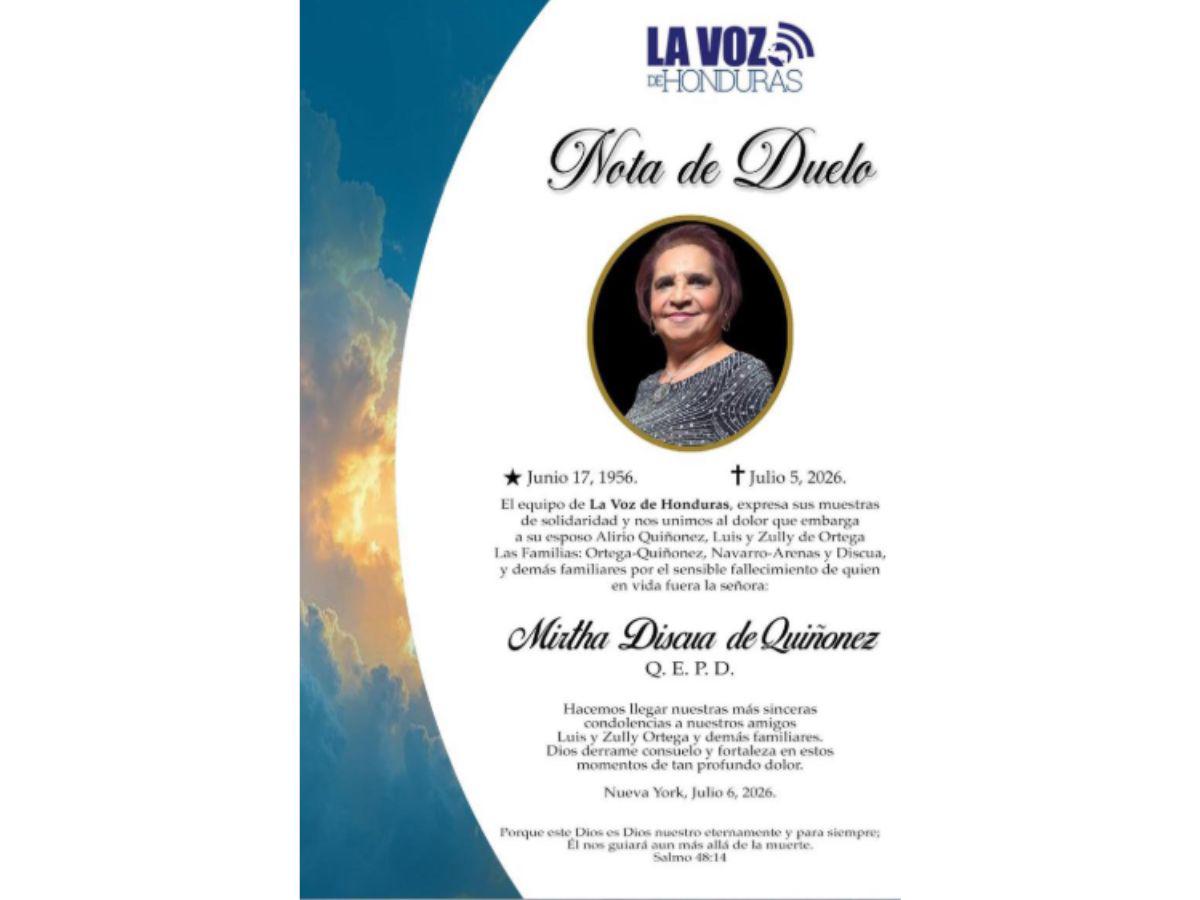 Fallece en Nueva York la destacada empresaria hondureña Mirtha Discua de Quiñonez