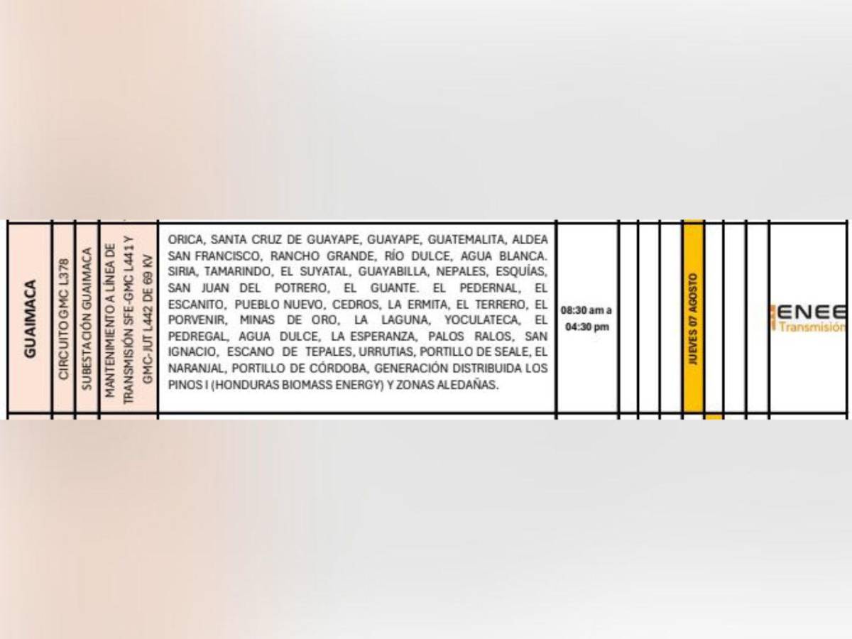 Enee anuncia más de seis horas sin luz este jueves 7 de agosto en Honduras