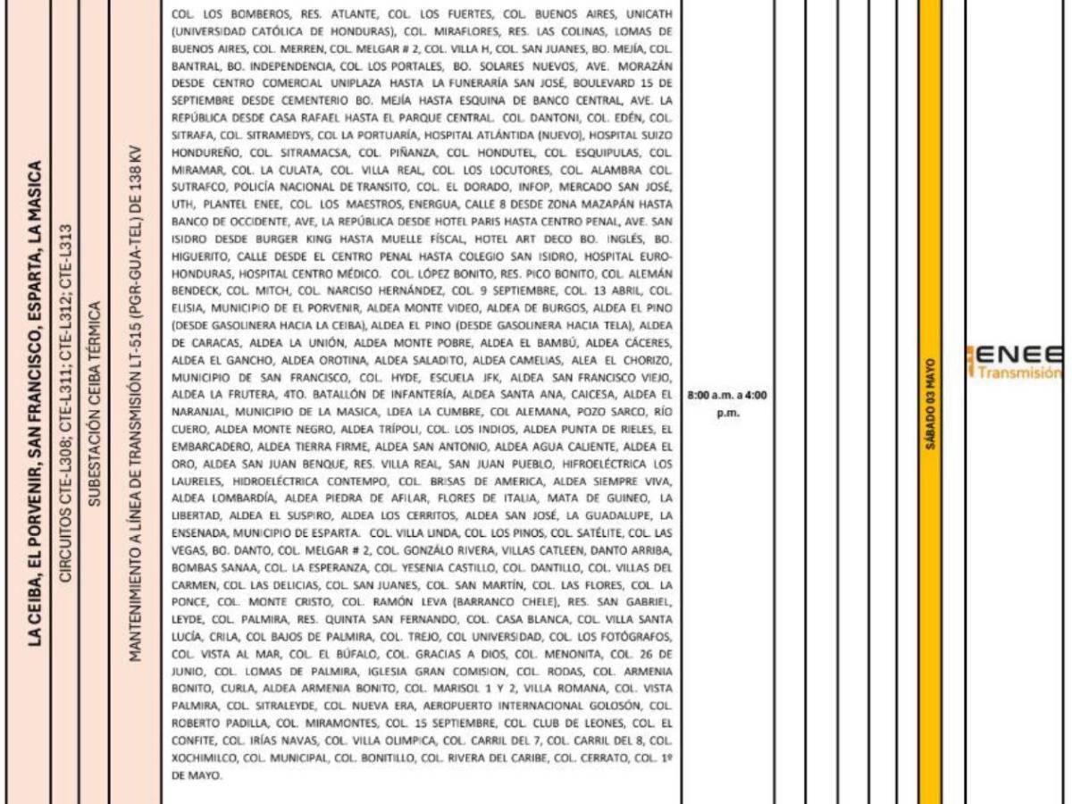 Apagones: extensa lista de sectores sin luz este sábado 3 de mayo en Honduras