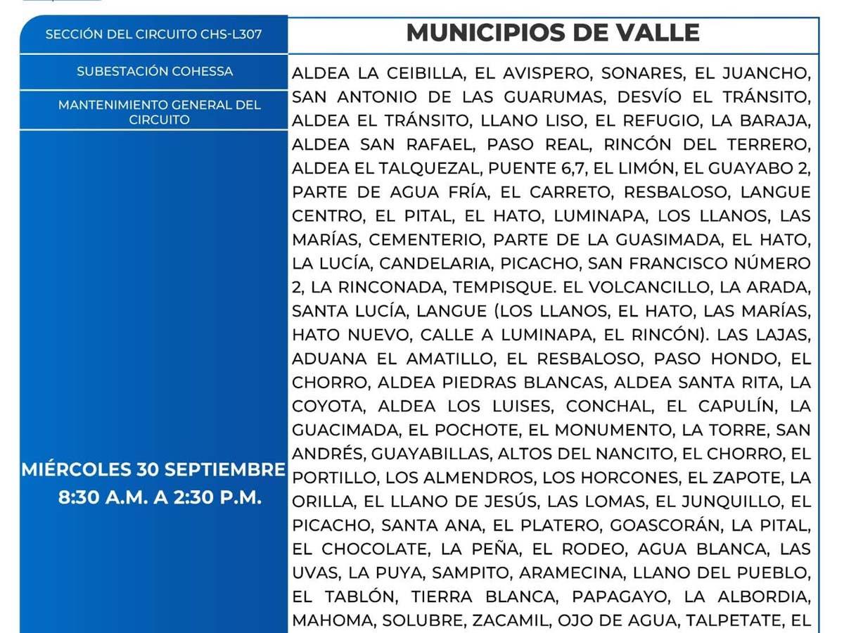 Más de 100 zonas de Honduras no tendrán luz este miércoles 30 de septiembre