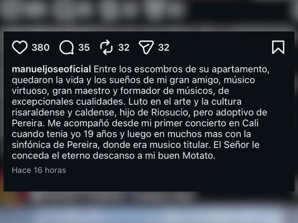 Querido cantante muere aplastado tras terremoto en Colombia