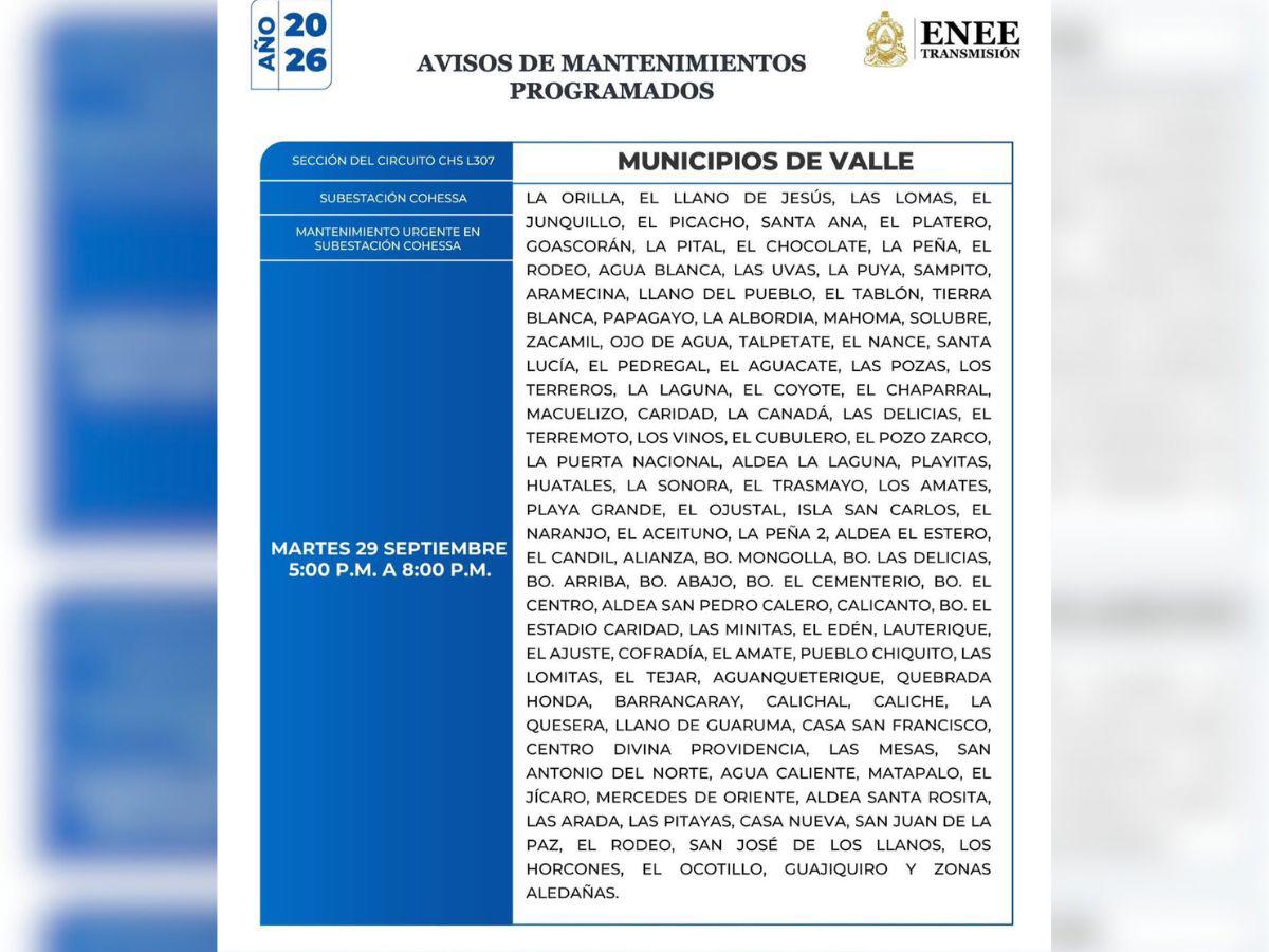Lugares de Honduras sin energía este martes 29 de septiembre