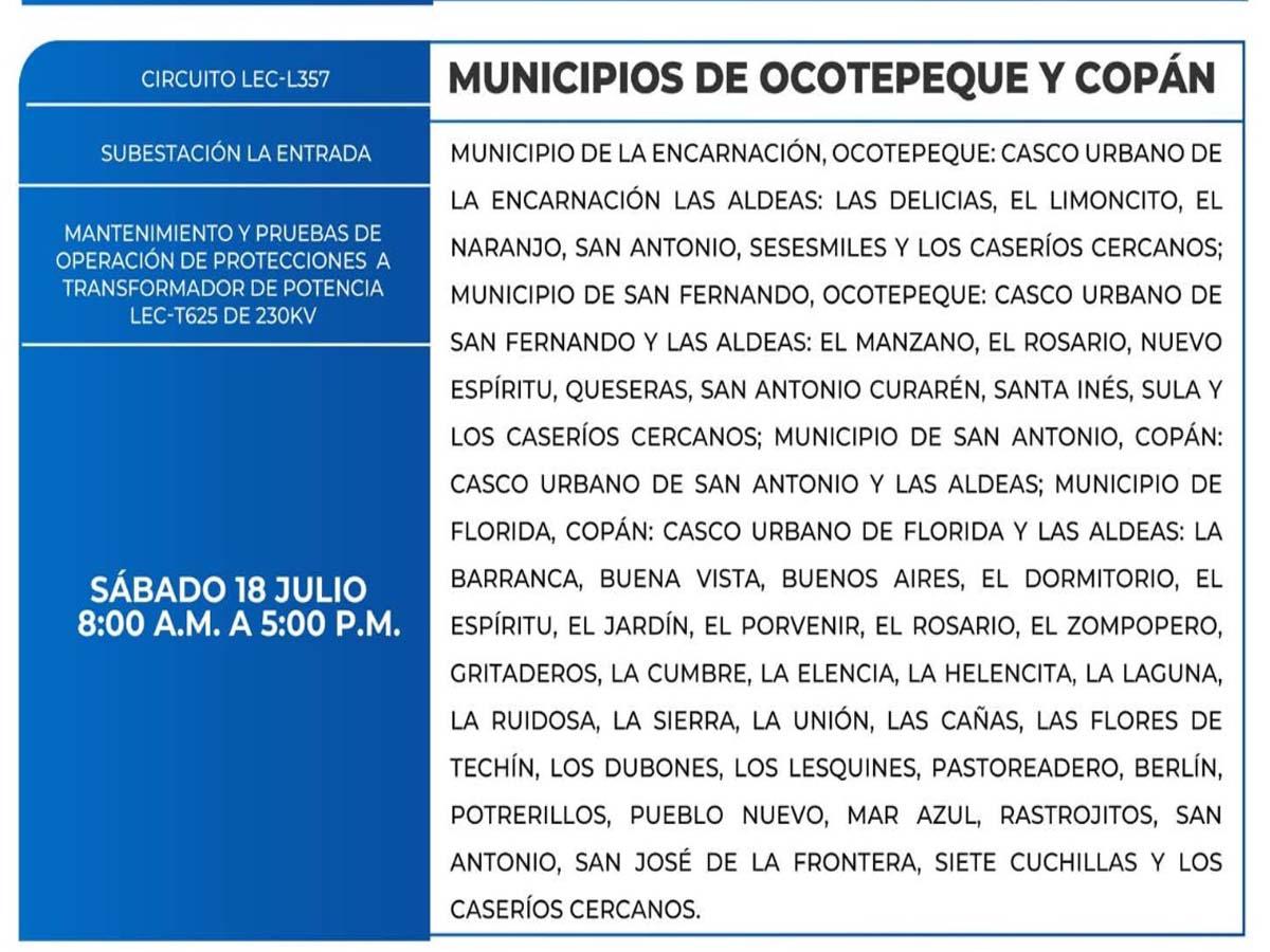 Miles de abonados de Copán, Ocotepeque y Santa Bárbara estarán sin energía este sábado 18 de julio