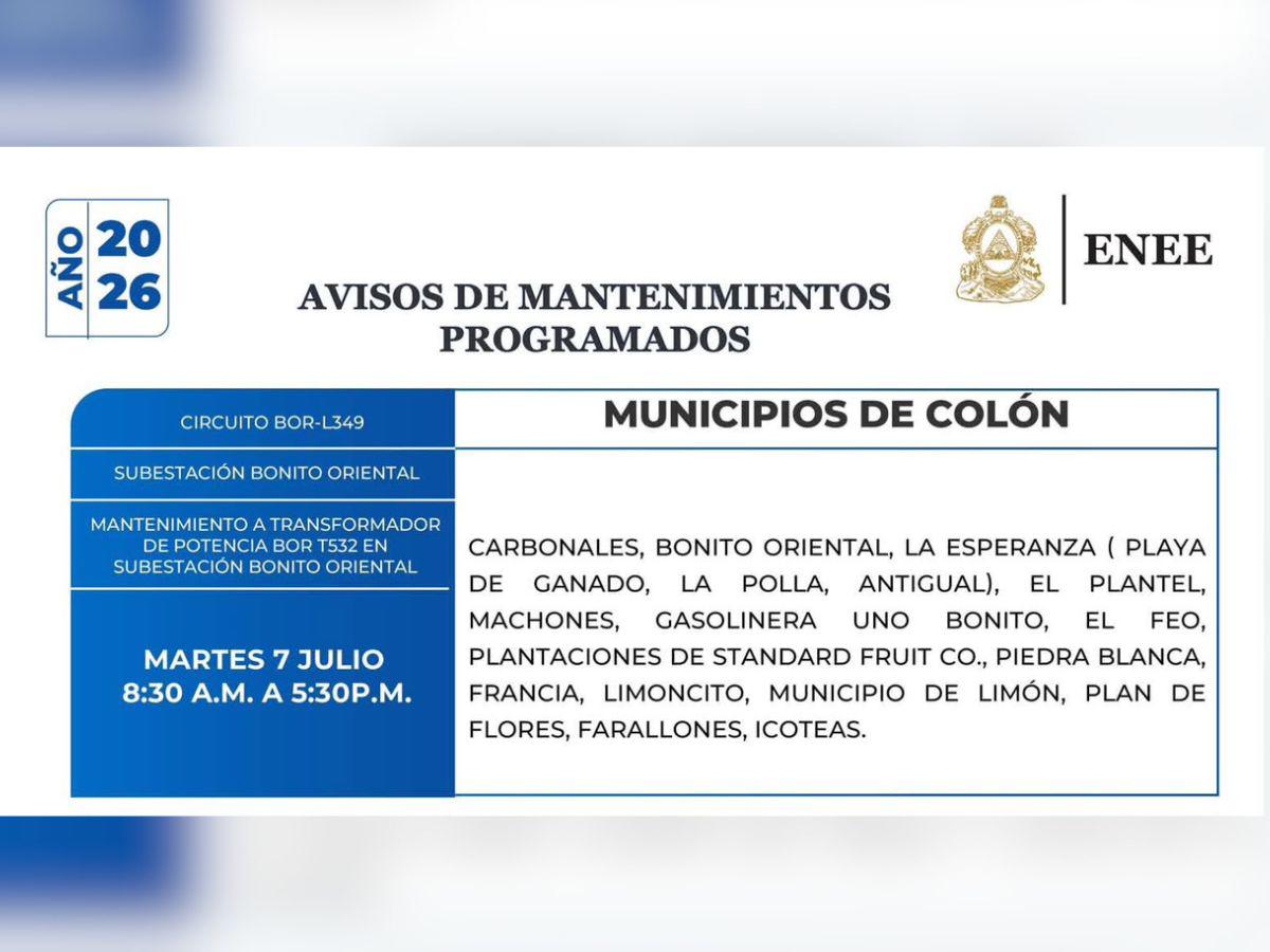 Estos lugares de Honduras no tendrán electricidad este martes 7 de julio