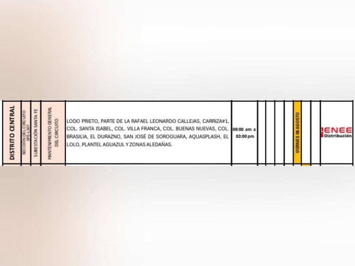 Sectores que no tendrán luz este viernes 8 de agosto en Honduras