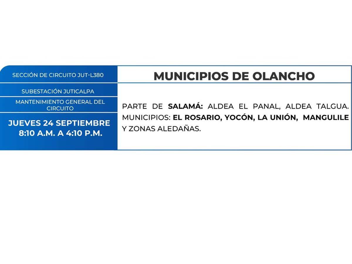 Cortes de energía de este jueves 24 de septiembre en San Pedro Sula, Yoro y Tegucigalpa