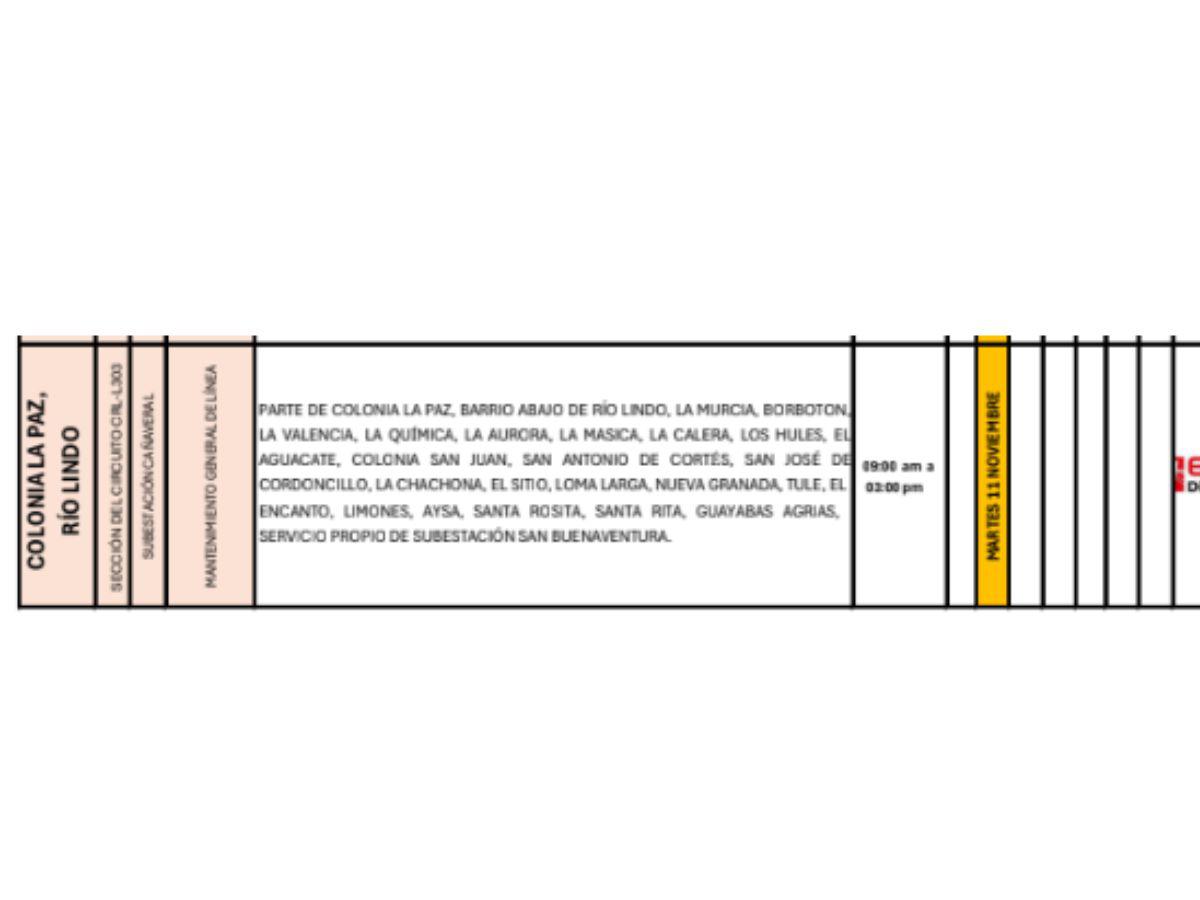 Masivos cortes de energía este martes 11 de noviembre en SPS y varios departamentos de Honduras