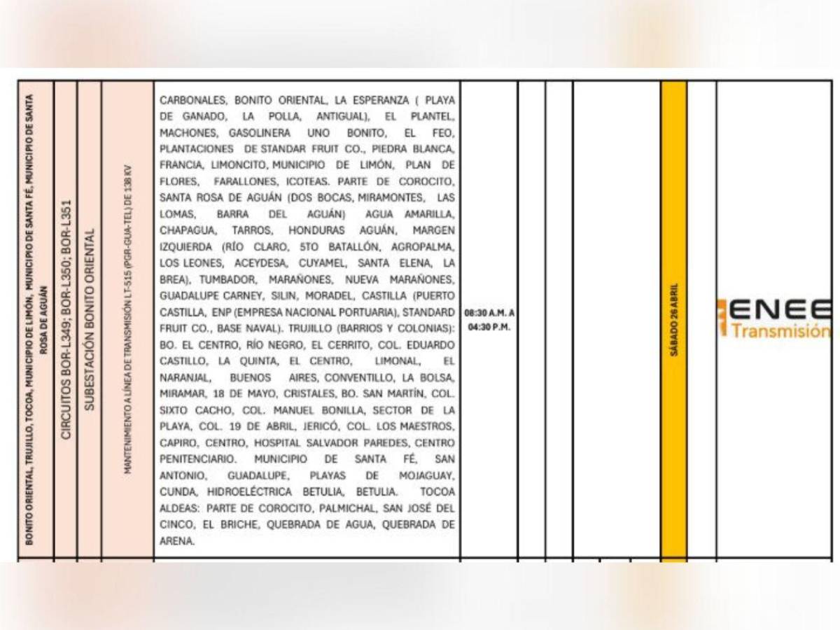 Enee anuncia masivos cortes de luz en Honduras este sábado 26 de abril