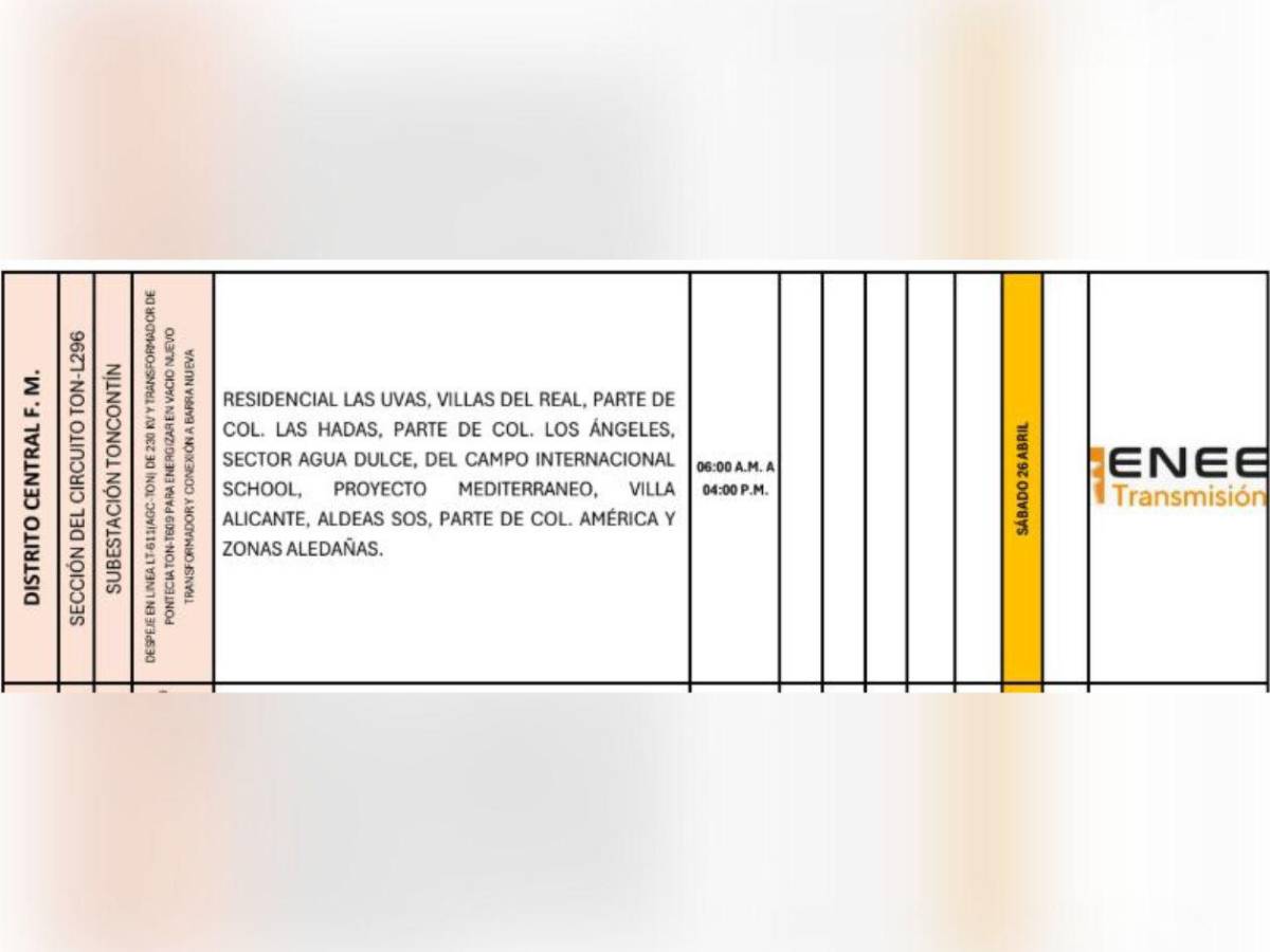 Enee anuncia masivos cortes de luz en Honduras este sábado 26 de abril