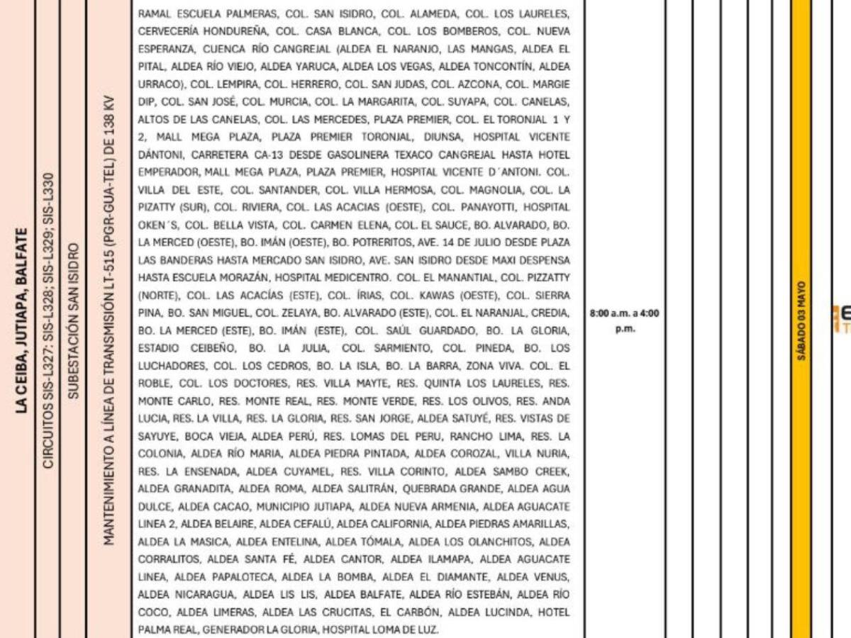 Apagones: extensa lista de sectores sin luz este sábado 3 de mayo en Honduras