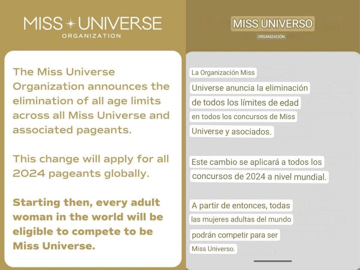 El anuncio de la organización de Miss Universo.