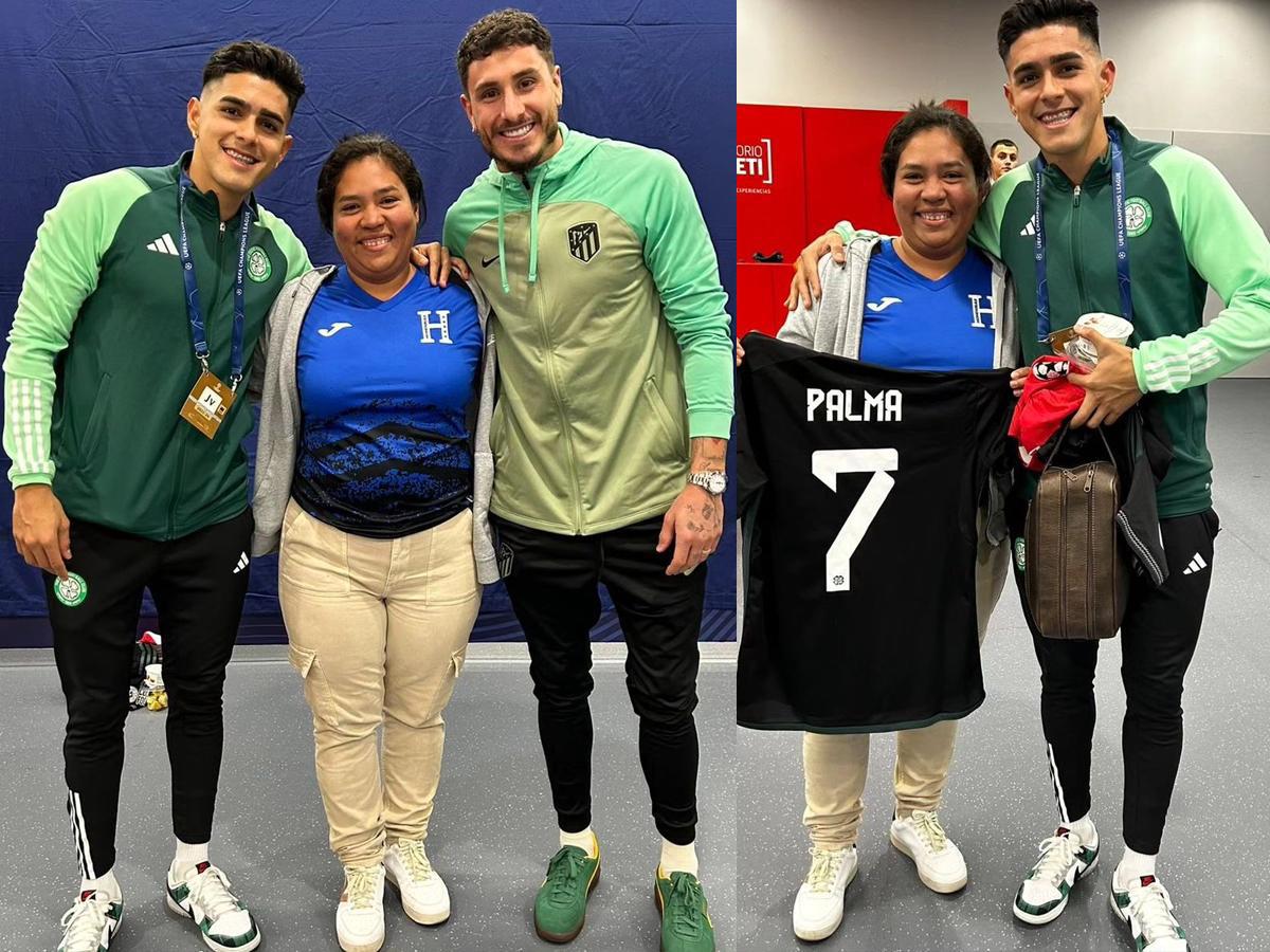 Luis Palma y José María Giménez con la hondureña Denia Cerrato en el camerino del Cívitas Metropolitano.