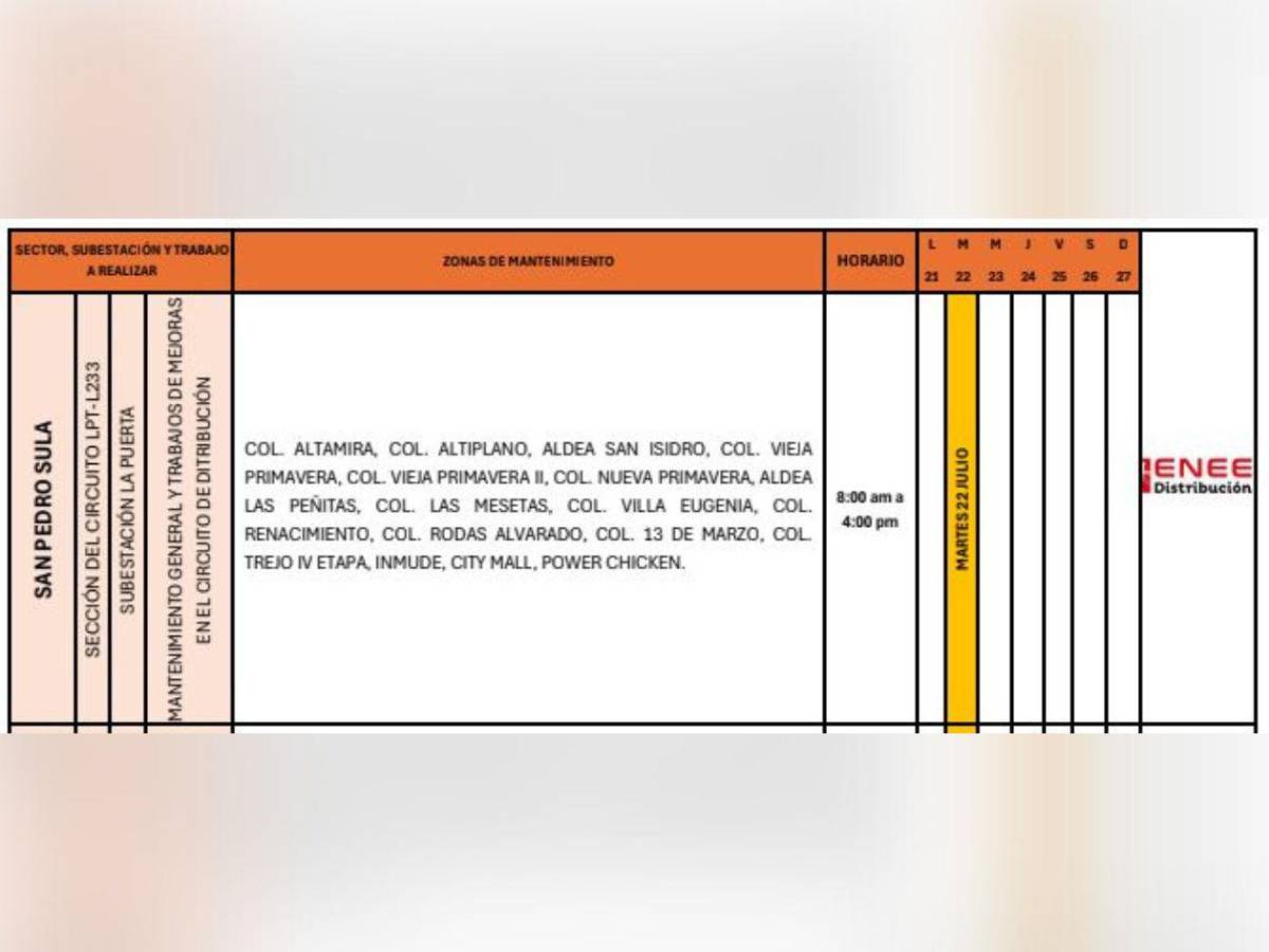Sin luz por más de seis horas este martes 22 de julio en Honduras