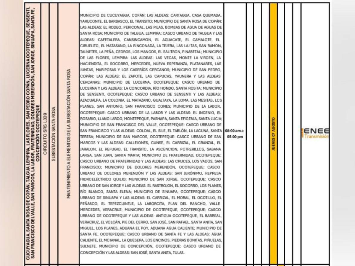 Enee anuncia más de seis horas sin luz este jueves 7 de agosto en Honduras