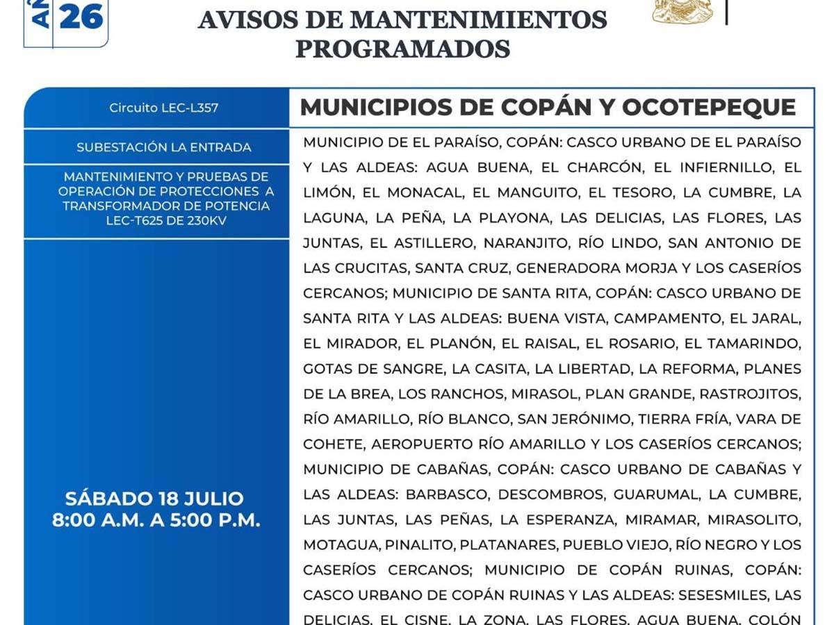 Miles de abonados de Copán, Ocotepeque y Santa Bárbara estarán sin energía este sábado 18 de julio