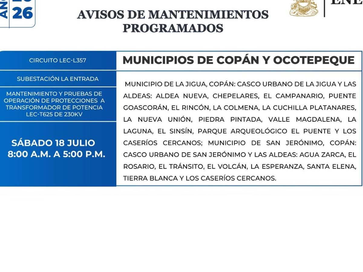 Miles de abonados de Copán, Ocotepeque y Santa Bárbara estarán sin energía este sábado 18 de julio