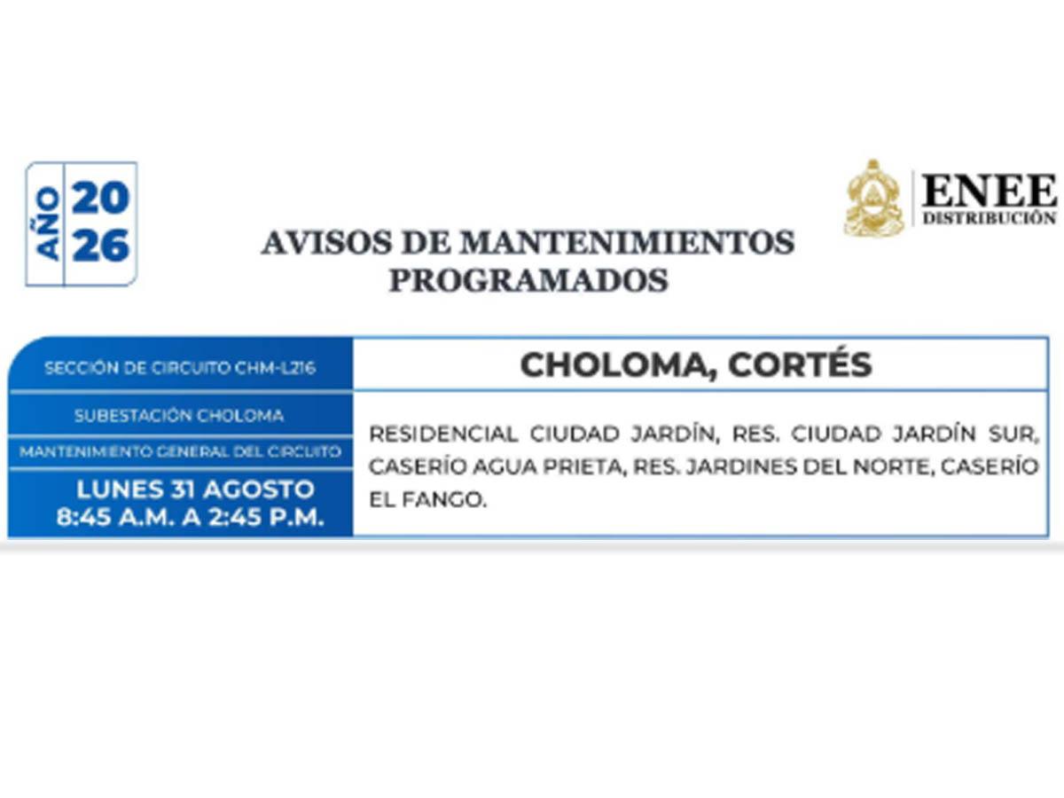 Cortes de energía este lunes 31 de agosto en Choloma y Tegucigalpa