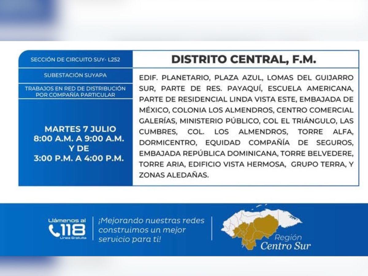 Estos lugares de Honduras no tendrán luz este martes 7 de julio