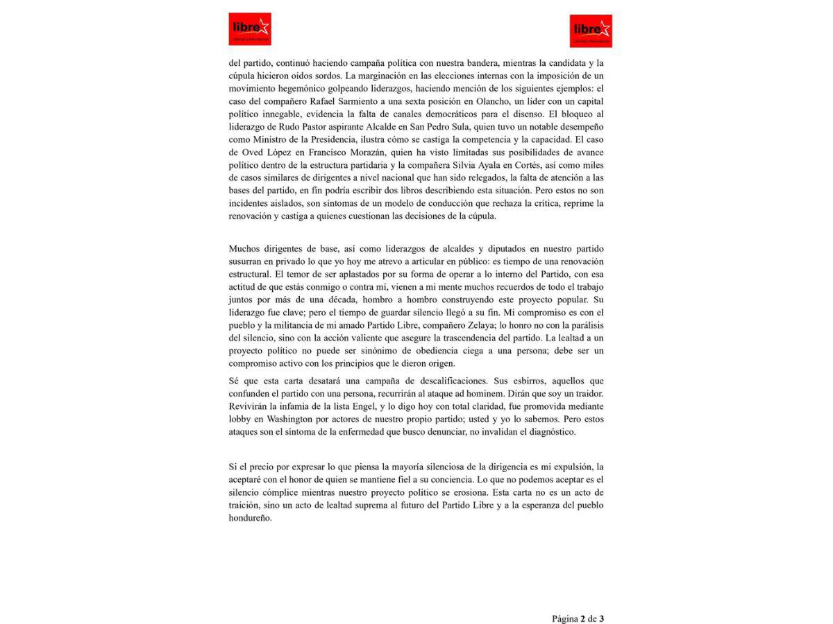 Rasel Tomé envía mensaje a Mel Zelaya tras derrota de Libre