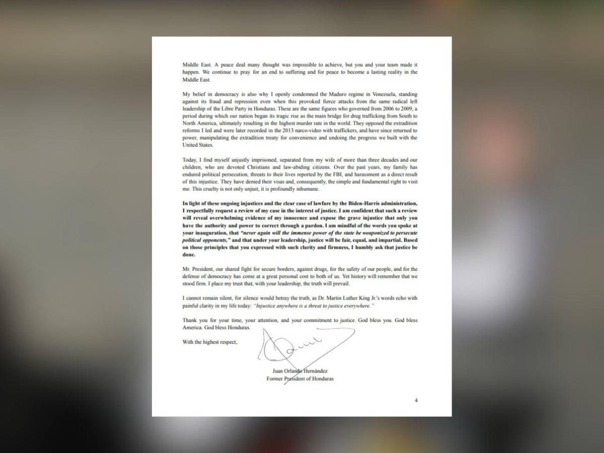 Le pido humildemente: la carta de JOH que motivó el perdón de Trump