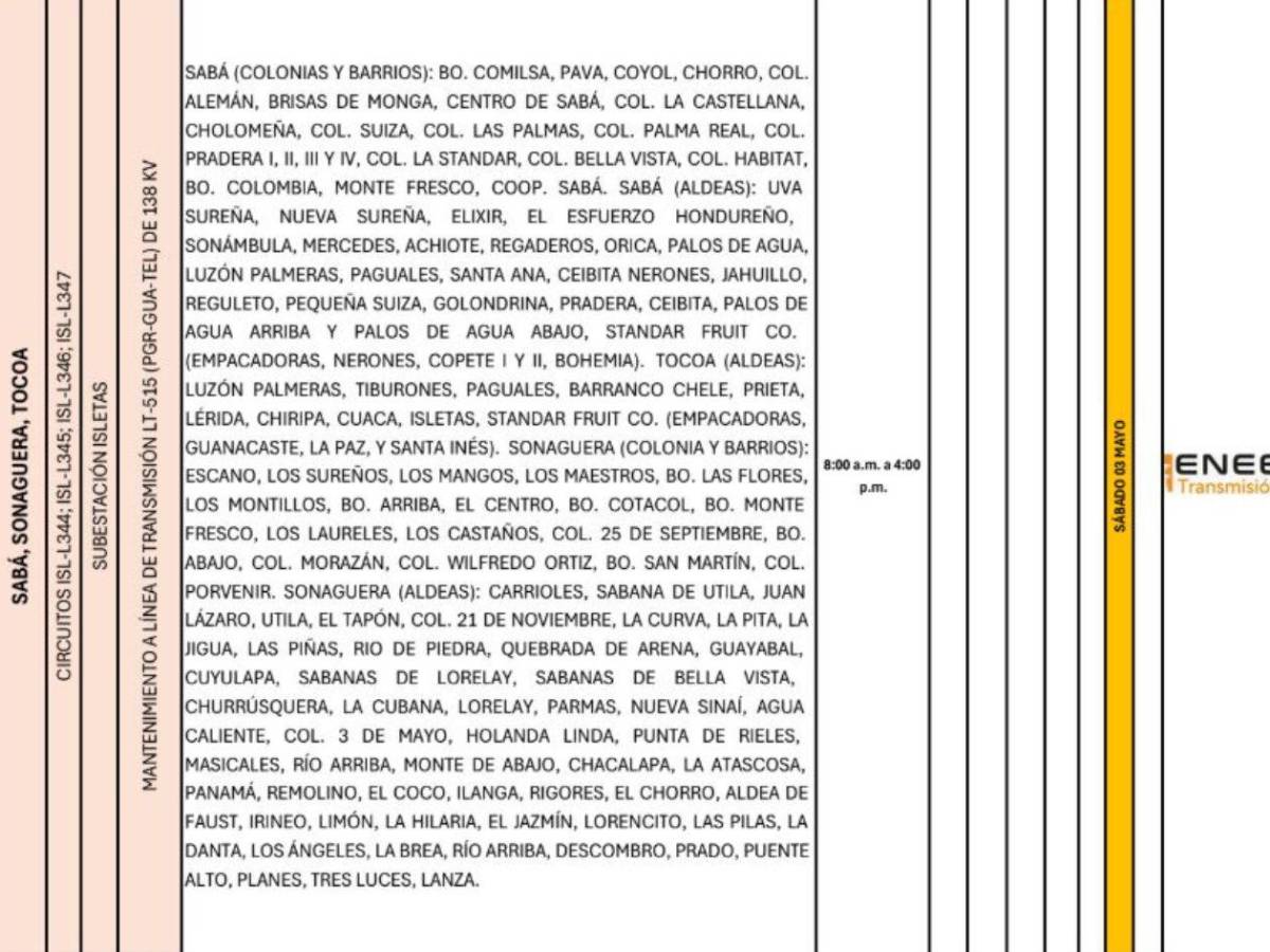 Apagones: extensa lista de sectores sin luz este sábado 3 de mayo en Honduras