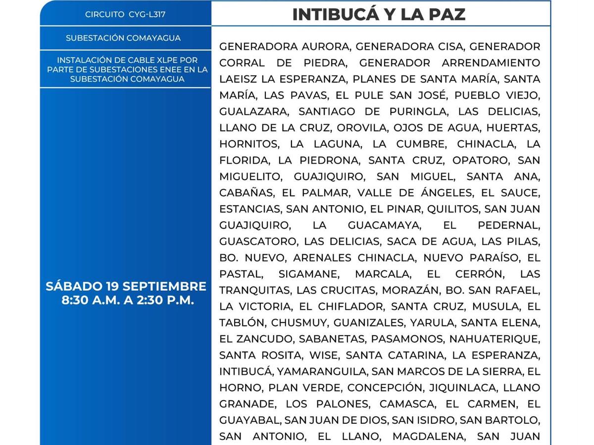 Cortes de energía este sábado 19 de septiembre en San Pedro Sula, Comayagua y Colón