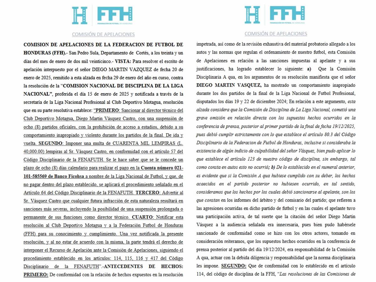 Parte del comunicado de la Comisión de Disciplina sobre el nuevo castigo a Diego Vázquez.