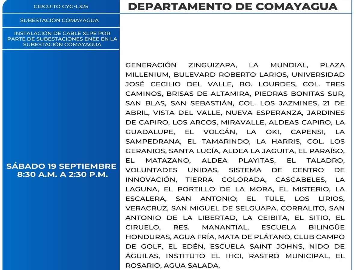 Cortes de energía este sábado 19 de septiembre en San Pedro Sula, Comayagua y Colón