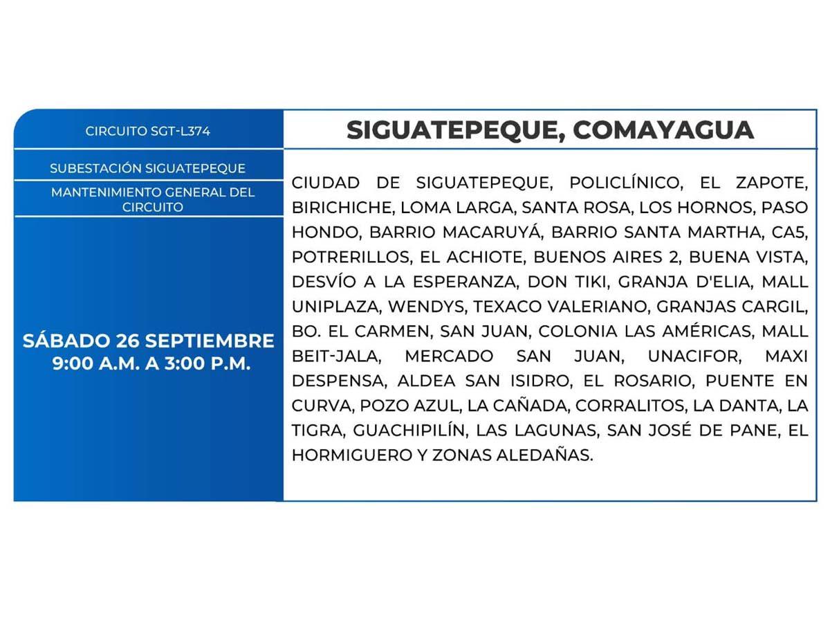Cortes de energía este sábado 26 de septiembre en Siguatepeque, Intibucá y Comayagua