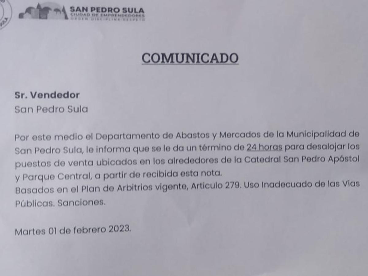 Comunicado entregado a los vendedores.