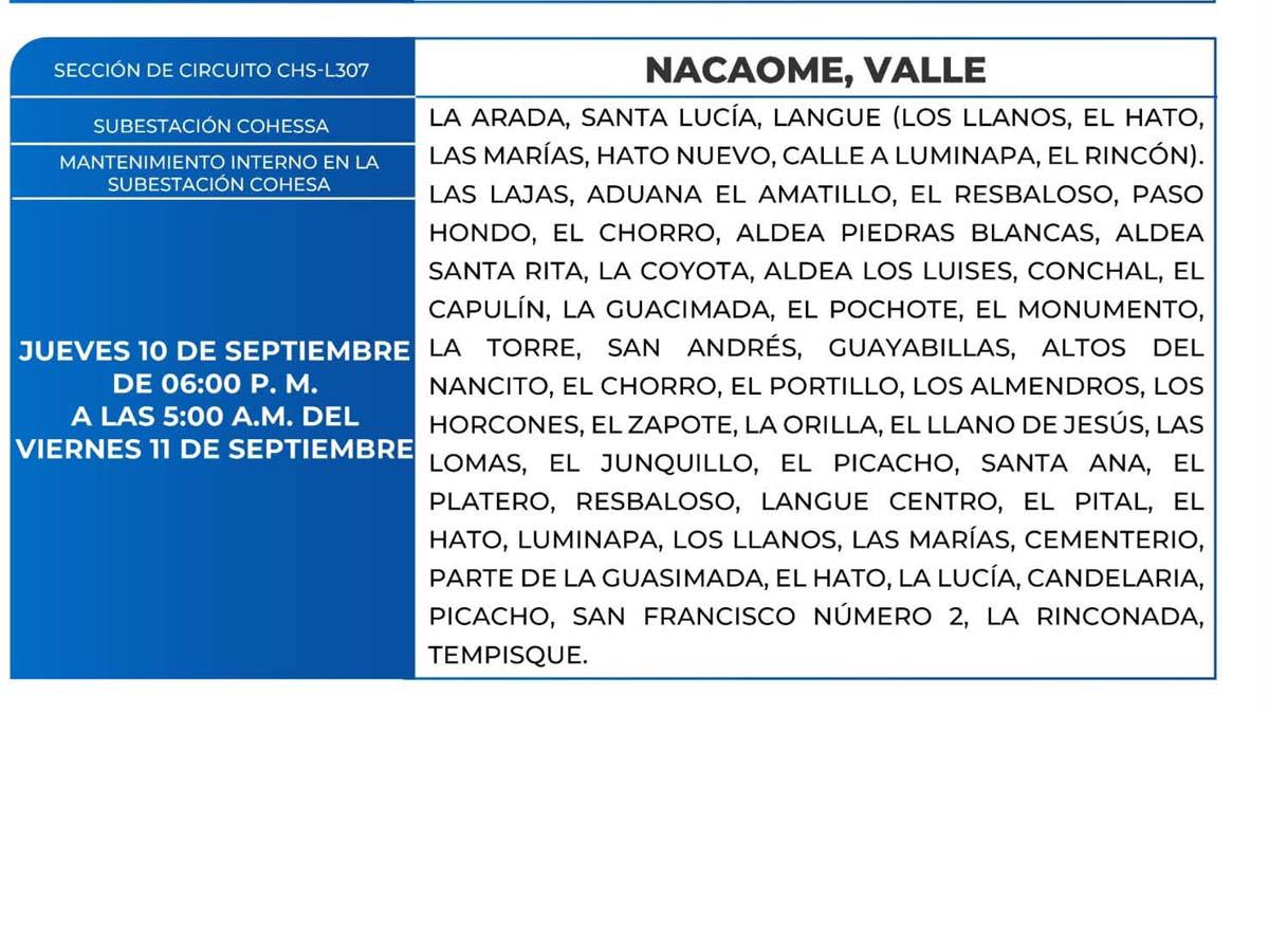 Cortes de energía este jueves 10 de septiembre en Tegucigalpa, Choloma, Tela y Valle