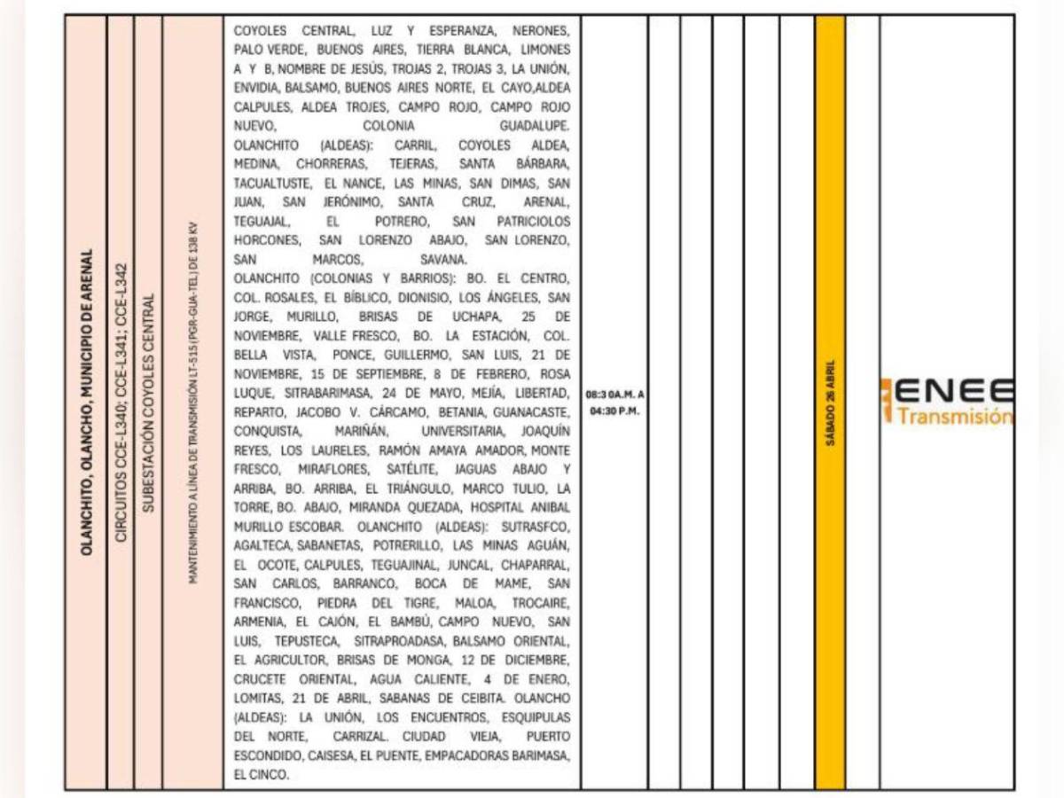 Enee anuncia masivos cortes de luz en Honduras este sábado 26 de abril