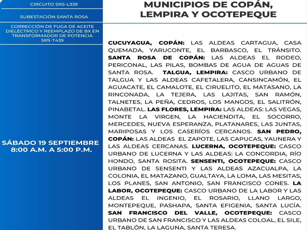 Cortes de energía este sábado 19 de septiembre en San Pedro Sula, Comayagua y Colón