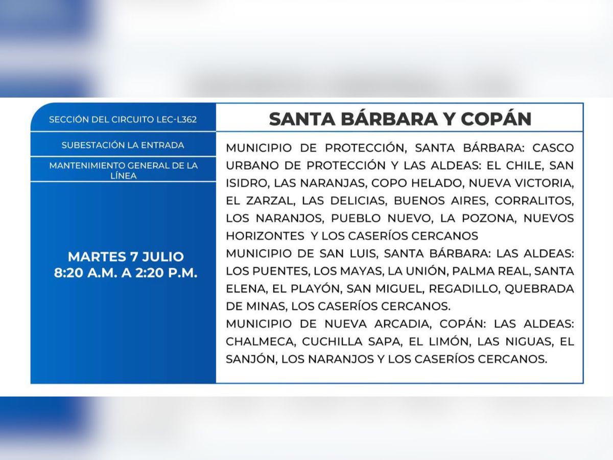 Estos lugares de Honduras no tendrán luz este martes 7 de julio