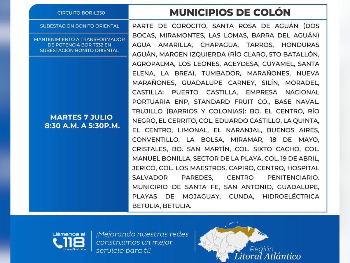 Estos lugares de Honduras no tendrán luz este martes 7 de julio
