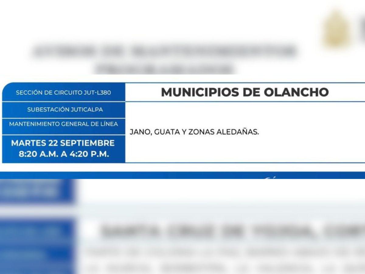 Estos lugares de Honduras no tendrán energía este martes 22 de septiembre