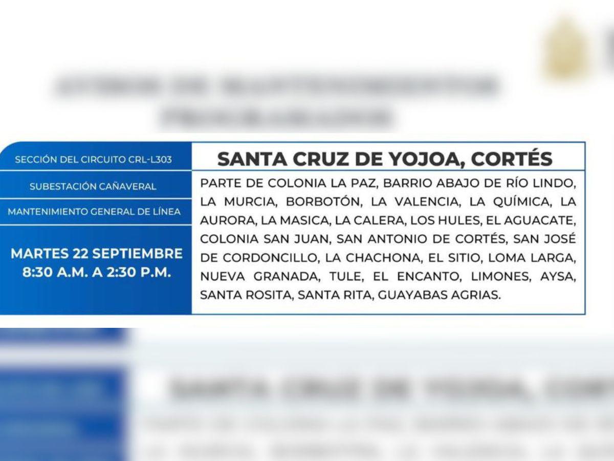 Estos lugares de Honduras no tendrán energía este martes 22 de septiembre