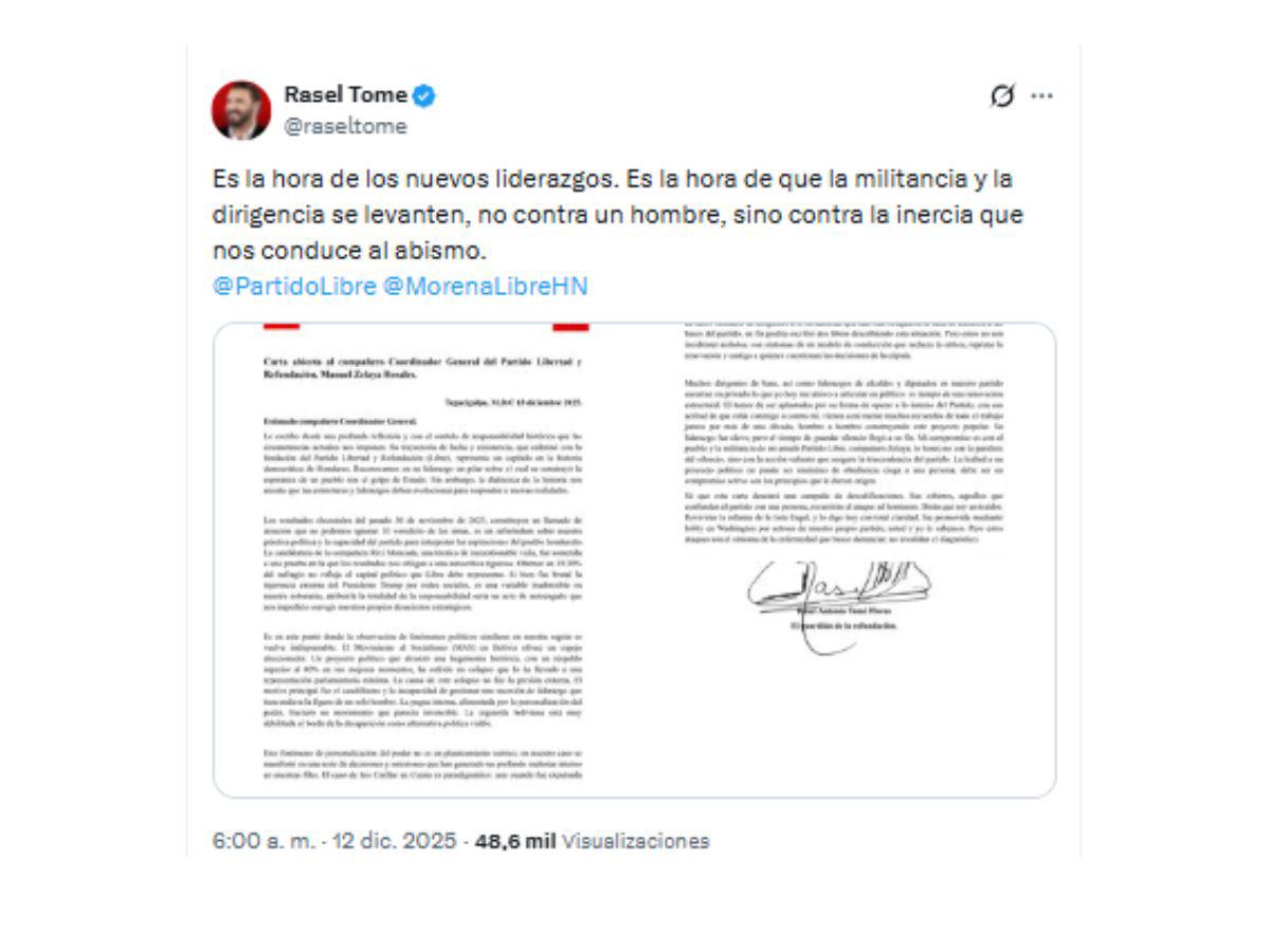 Rasel Tomé envía mensaje a Mel Zelaya tras derrota de Libre