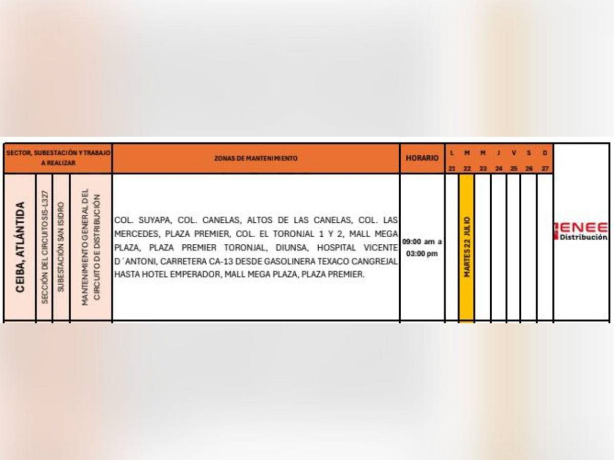 Sin luz por más de seis horas este martes 22 de julio en Honduras