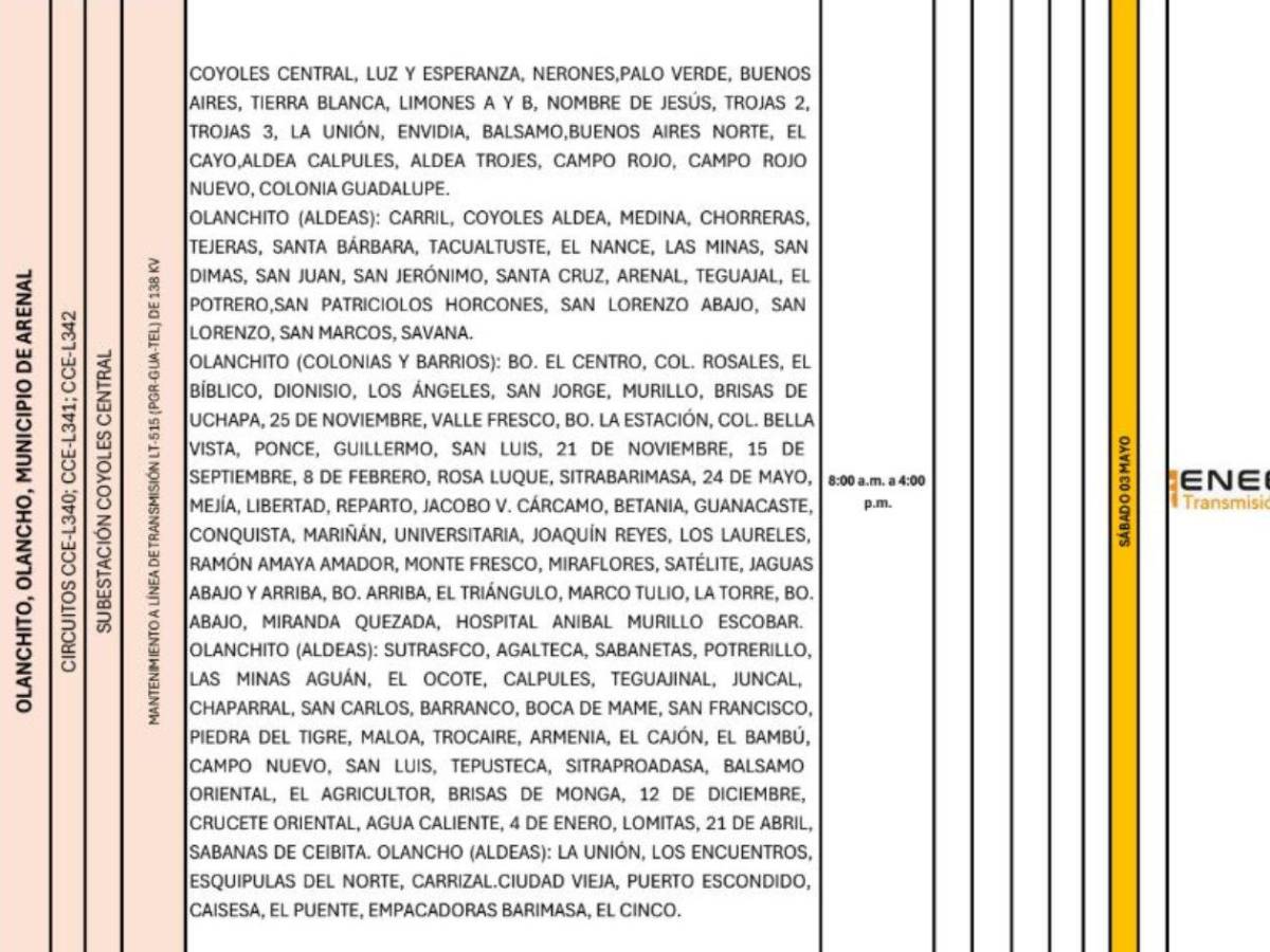 Apagones: extensa lista de sectores sin luz este sábado 3 de mayo en Honduras