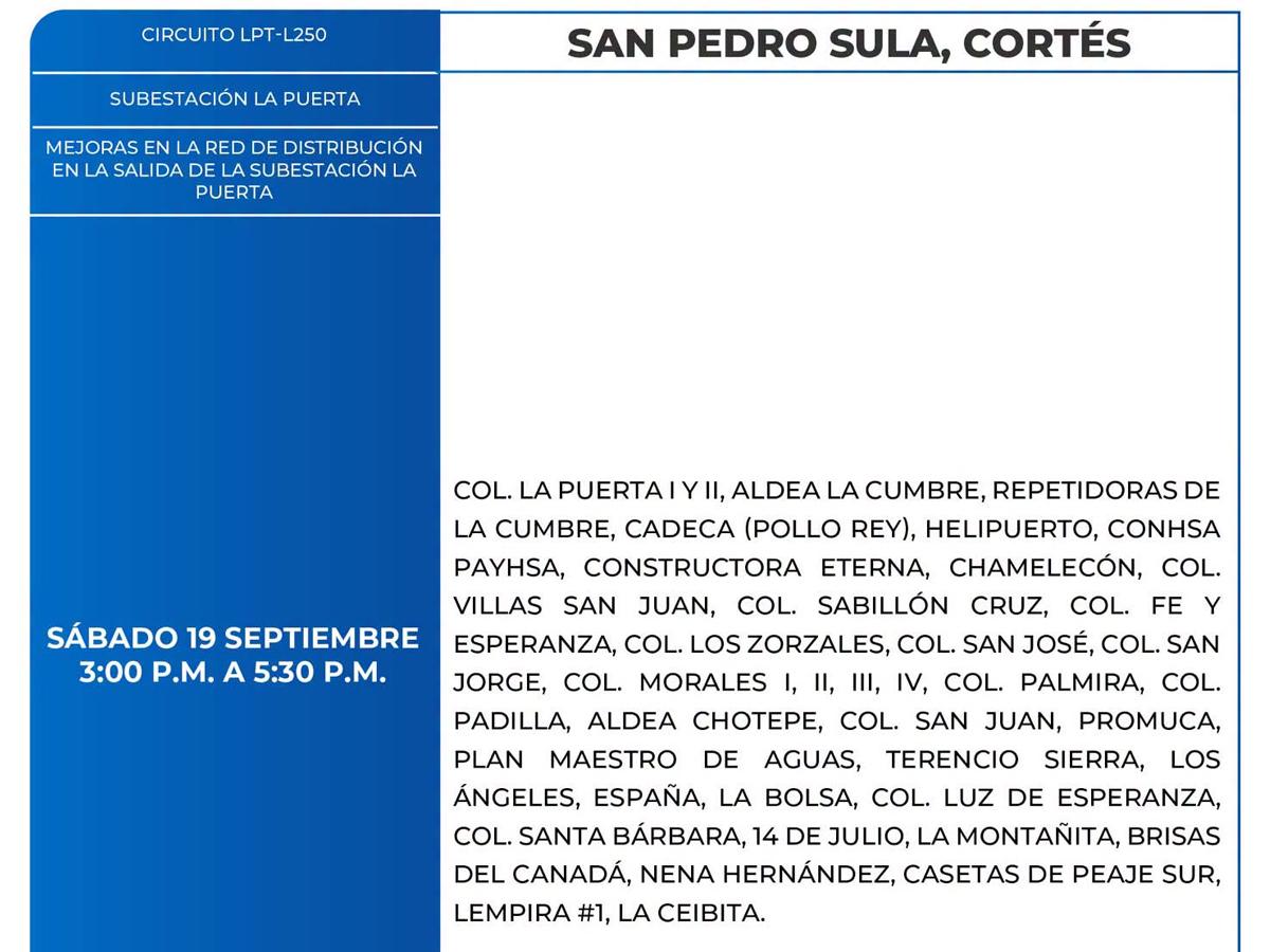 Cortes de energía este sábado 19 de septiembre en San Pedro Sula, Comayagua y Colón