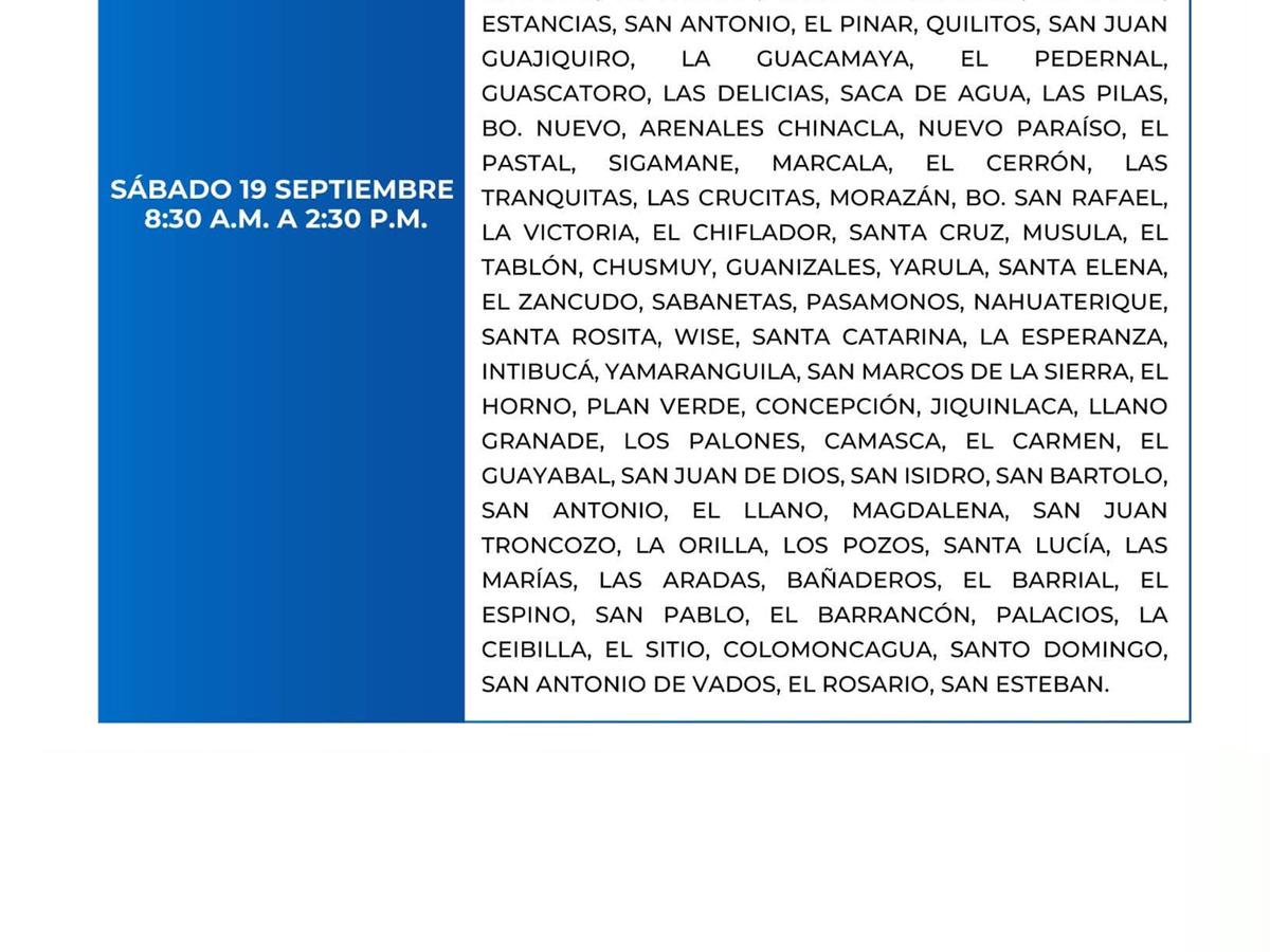 Cortes de energía este sábado 19 de septiembre en San Pedro Sula, Comayagua y Colón