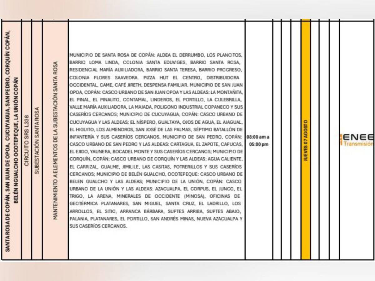 Enee anuncia más de seis horas sin luz este jueves 7 de agosto en Honduras