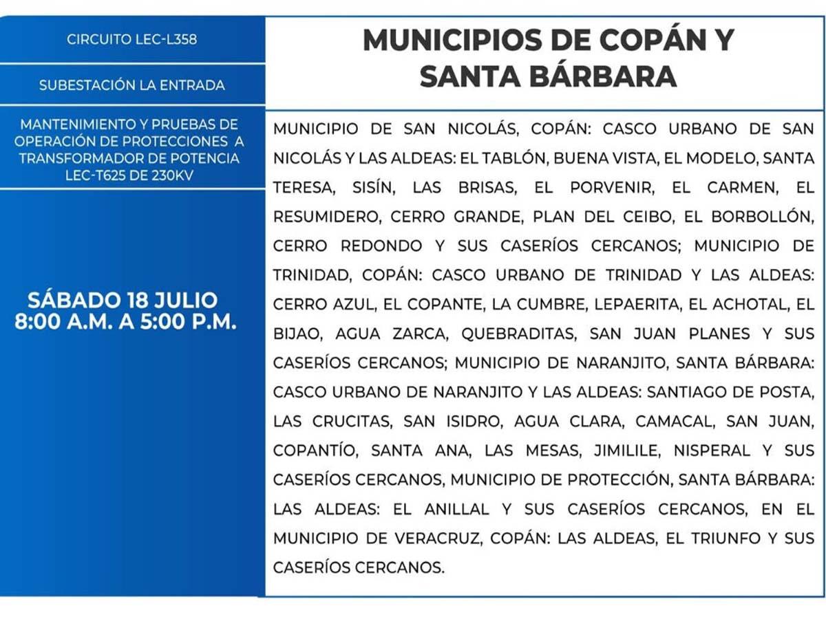 Miles de abonados de Copán, Ocotepeque y Santa Bárbara estarán sin energía este sábado 18 de julio