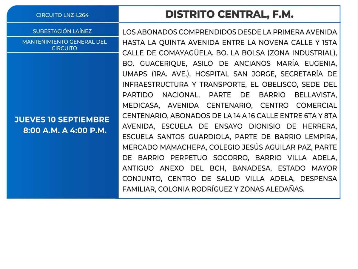 Cortes de energía este jueves 10 de septiembre en Tegucigalpa, Choloma, Tela y Valle