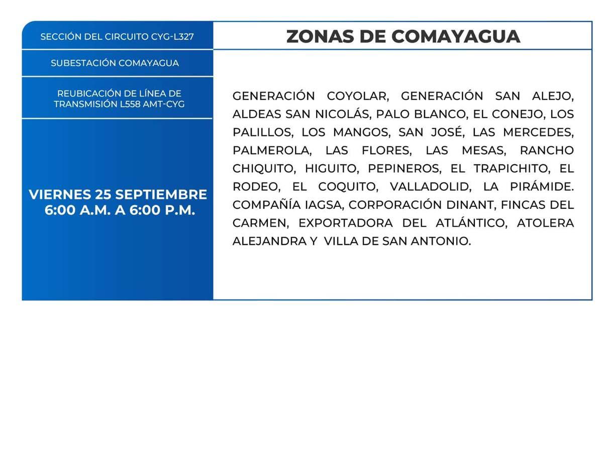 Cortes de energía de este viernes 25 de septiembre en Comayagua, San Pedro Sula y Atlántida