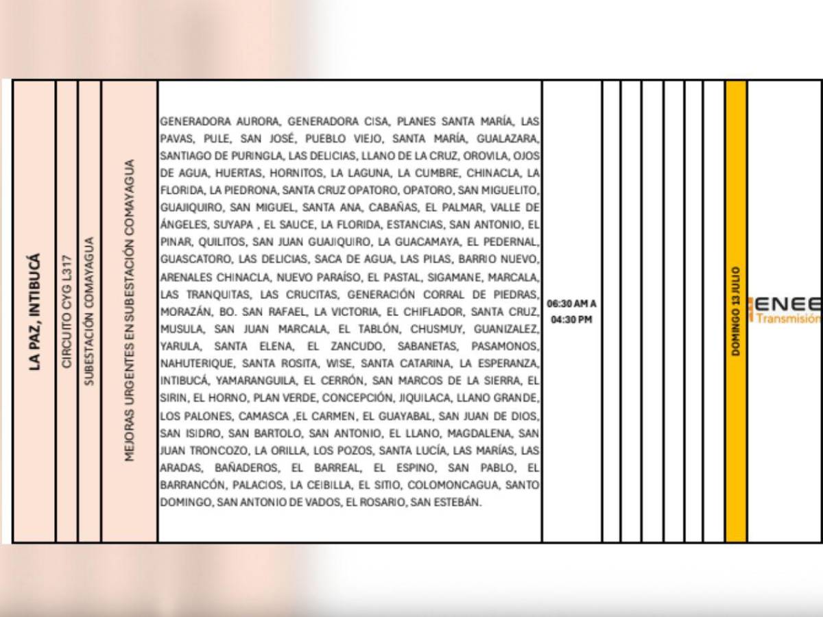 Diez horas sin luz estarán estas zonas de Honduras este domingo 13 de julio